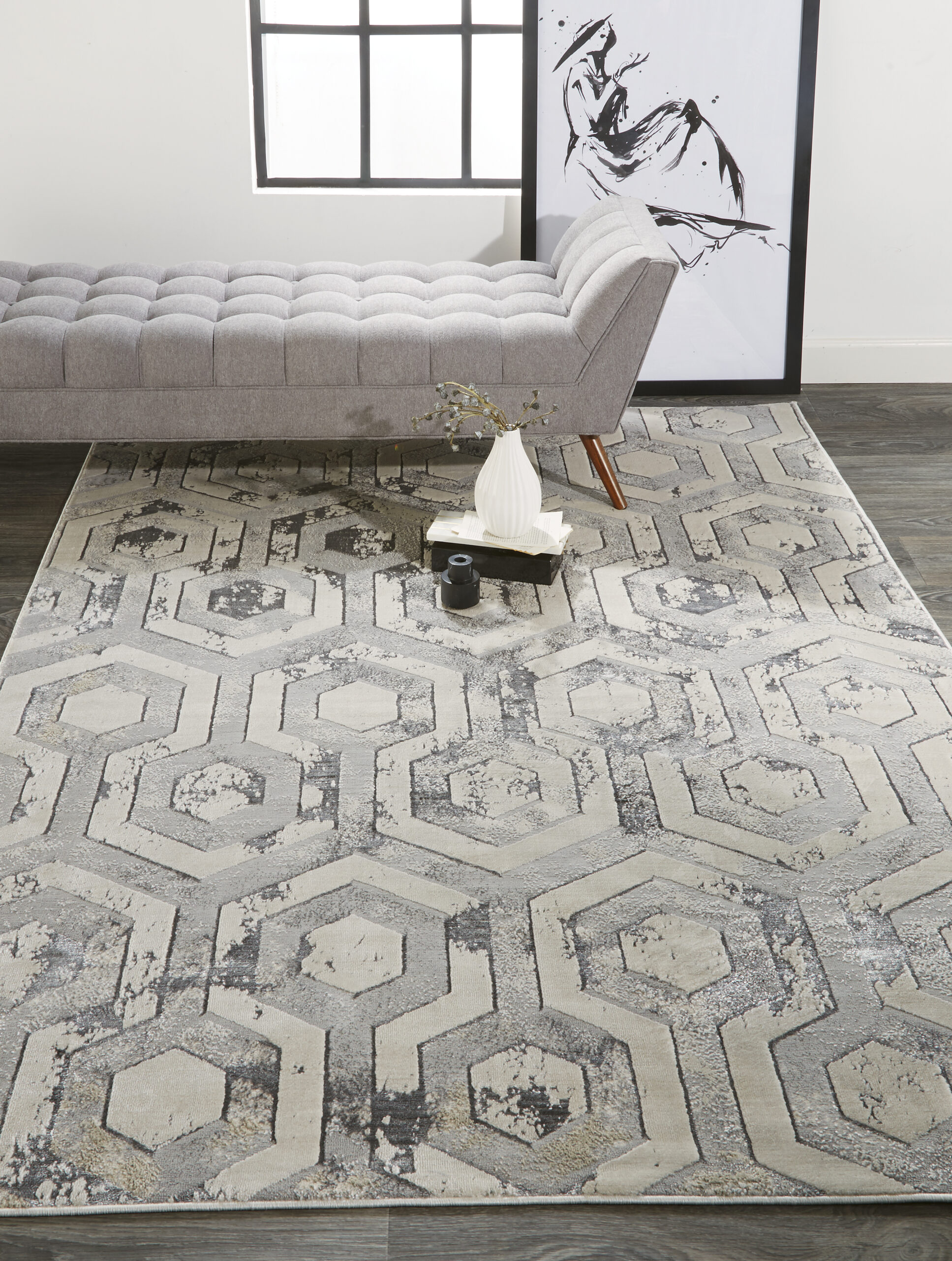 Feizy Micah Modern Distressed 3046F Gray/Taupe/Silver Area Rug - Image 2