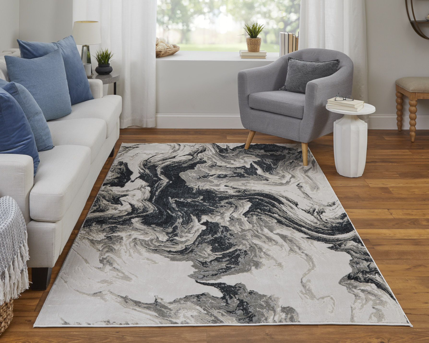 Feizy Micah Modern Abstract 39LPF Ivory/Black/Taupe Area Rug - Image 2