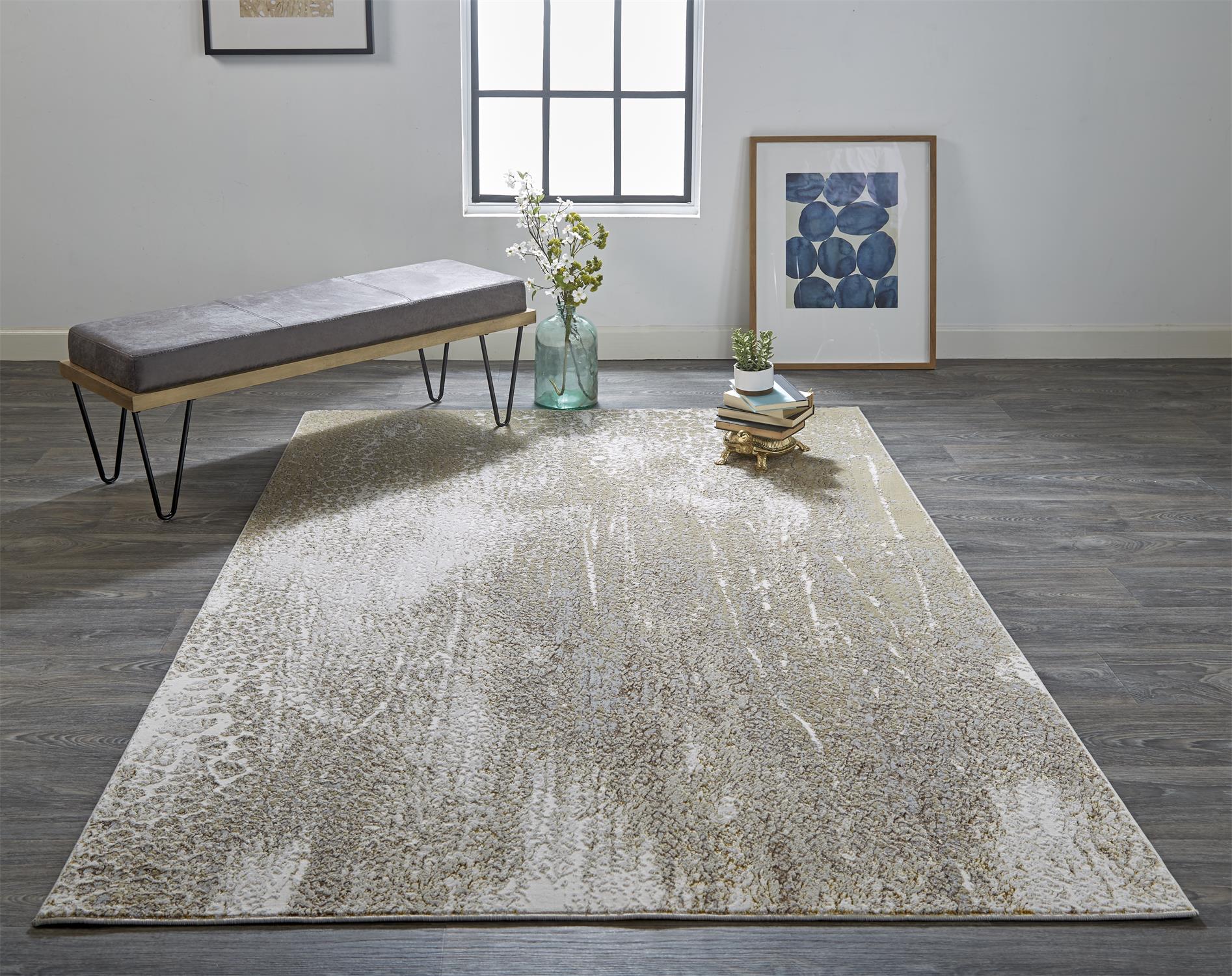 Feizy Aura Modern Abstract 3739F Ivory/Gray/Gold Area Rug - Image 2