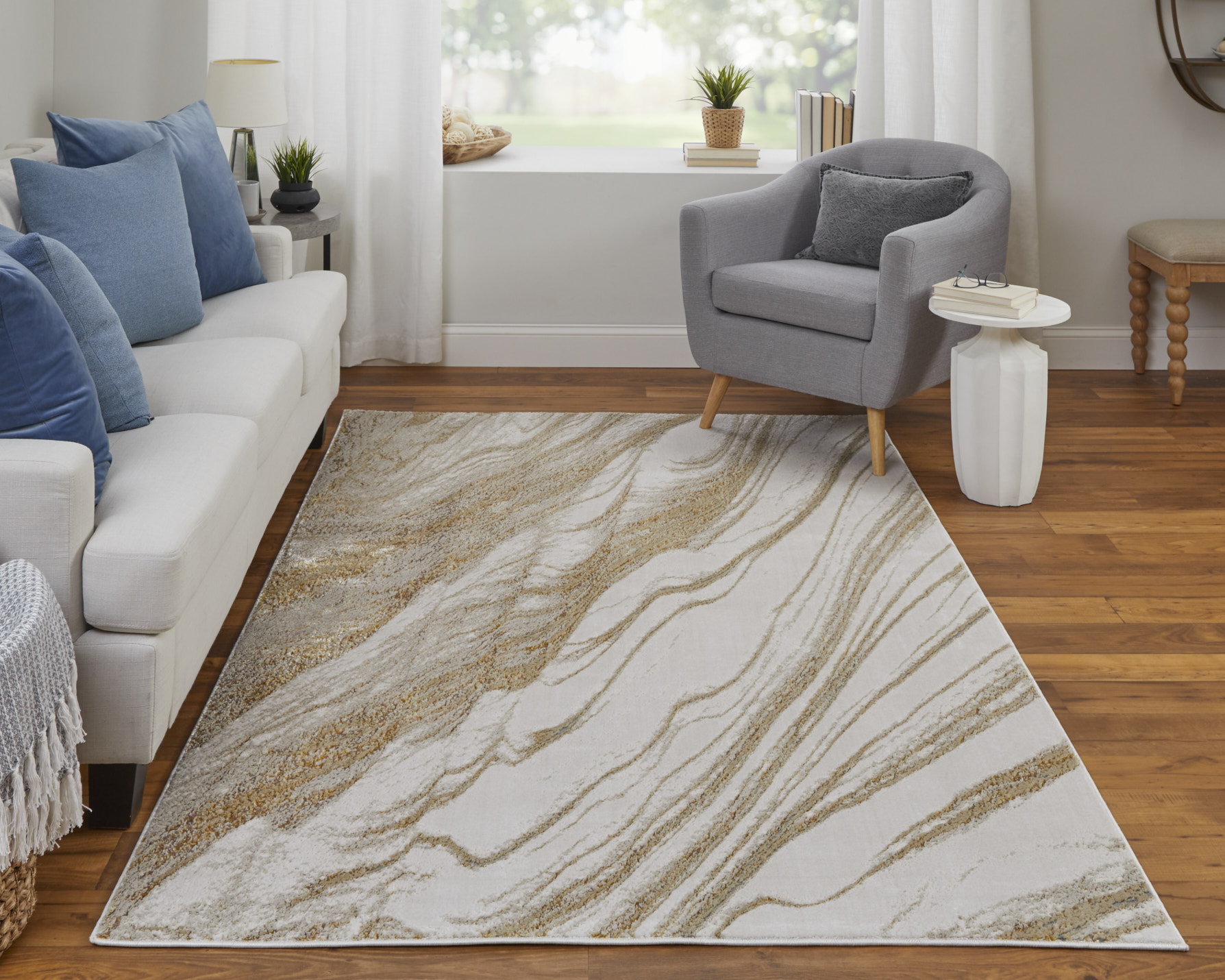 Feizy Aura Modern Abstract 39LLF Ivory/Taupe/Gold Area Rug - Image 2