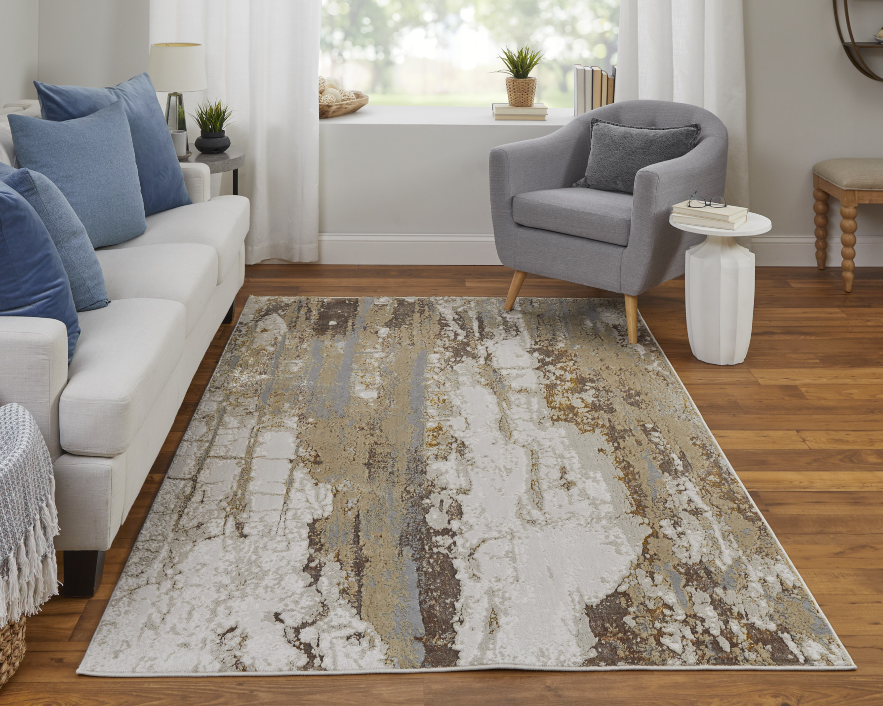 Feizy Aura Modern Abstract 39LMF Ivory/Gold/Brown Area Rug - Image 2