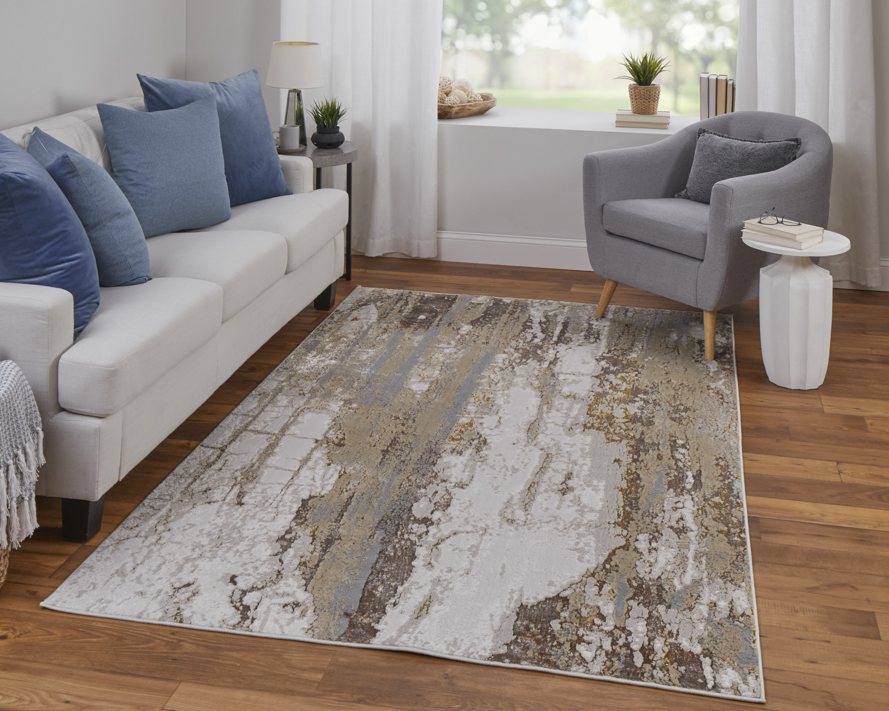 Feizy Aura Modern Abstract 39LMF Ivory/Gold/Brown Area Rug - Image 7