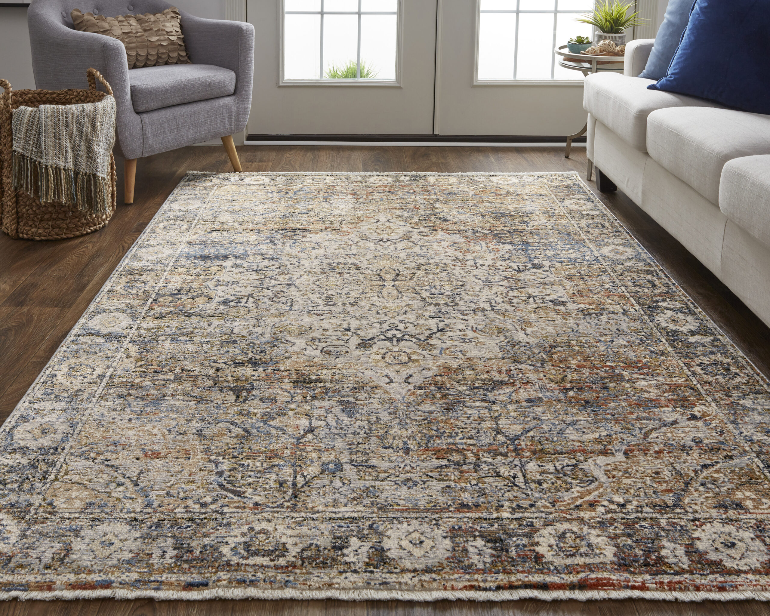 Feizy Kaia Transitional Medallion 39GMF Tan/Orange/Blue Area Rug - Image 2