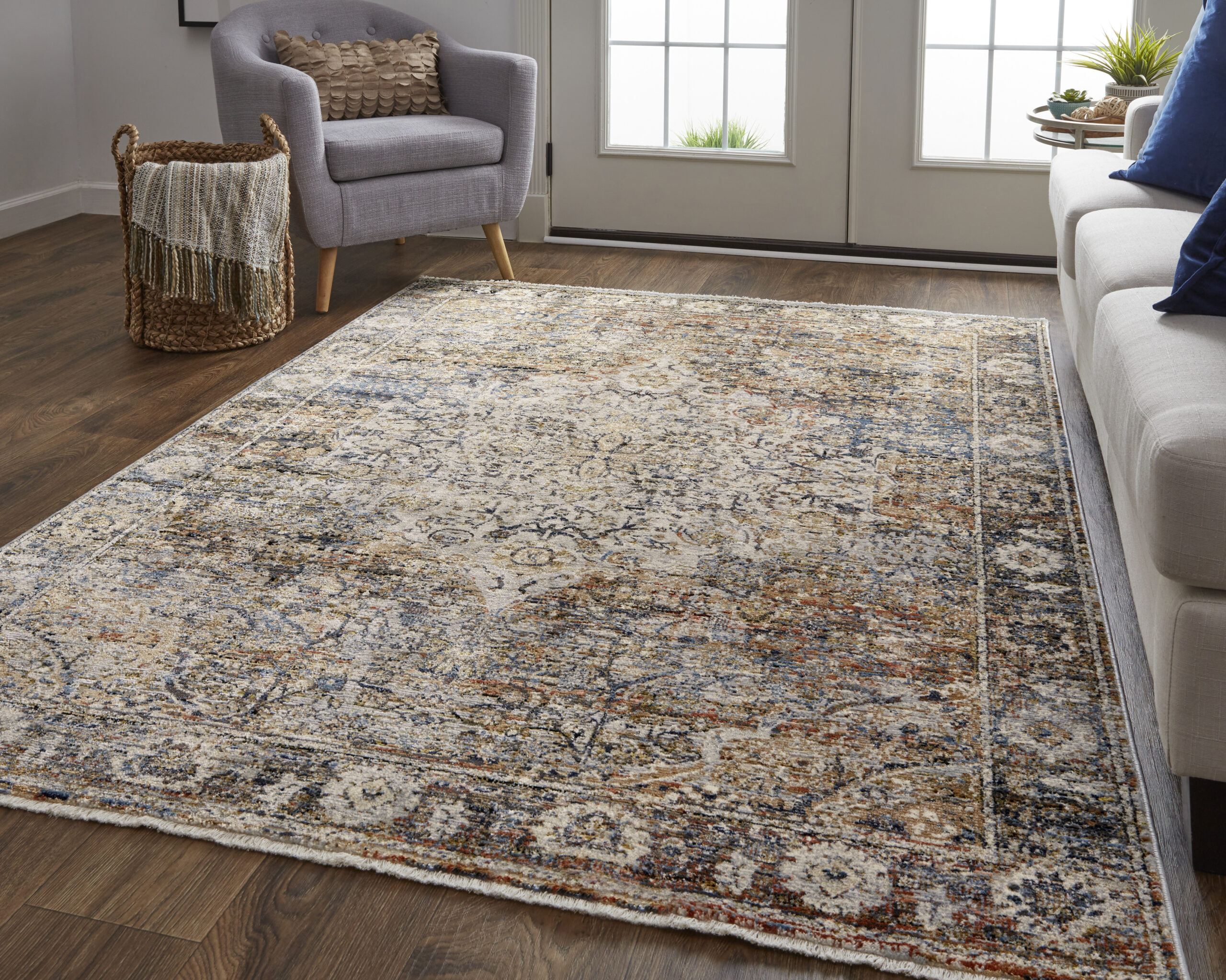 Feizy Kaia Transitional Medallion 39GMF Tan/Orange/Blue Area Rug - Image 6