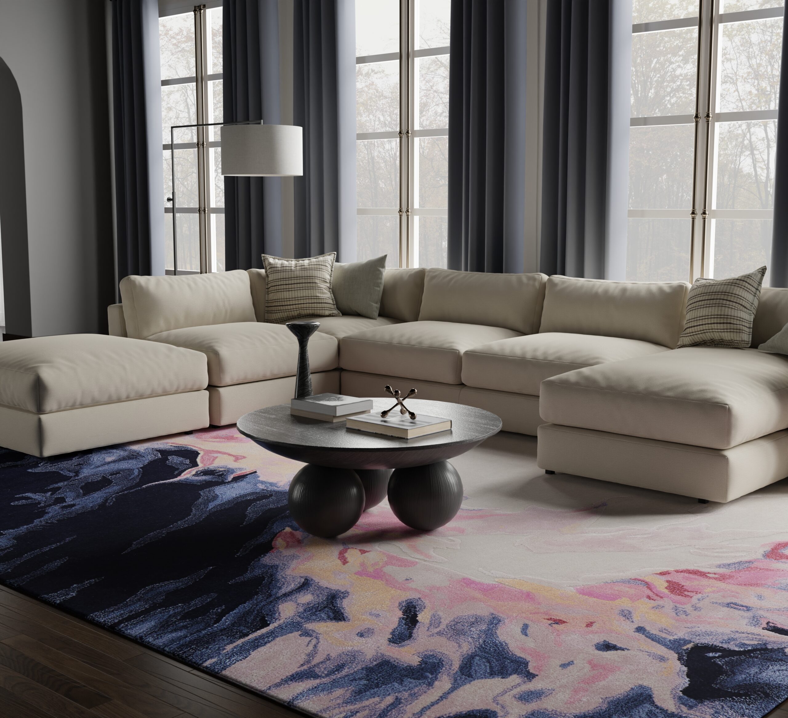 Feizy Kawai Modern Abstract 8985F Pink/Blue/Ivory Area Rug - Image 8